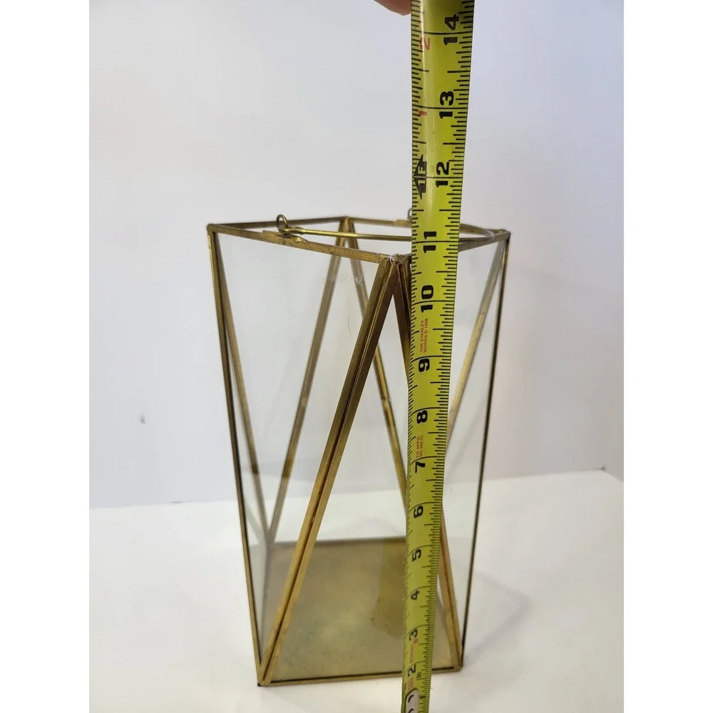Gold Brass Geometric Glass Lantern Candle Holder Modern Wedding Decor 11.5 inch